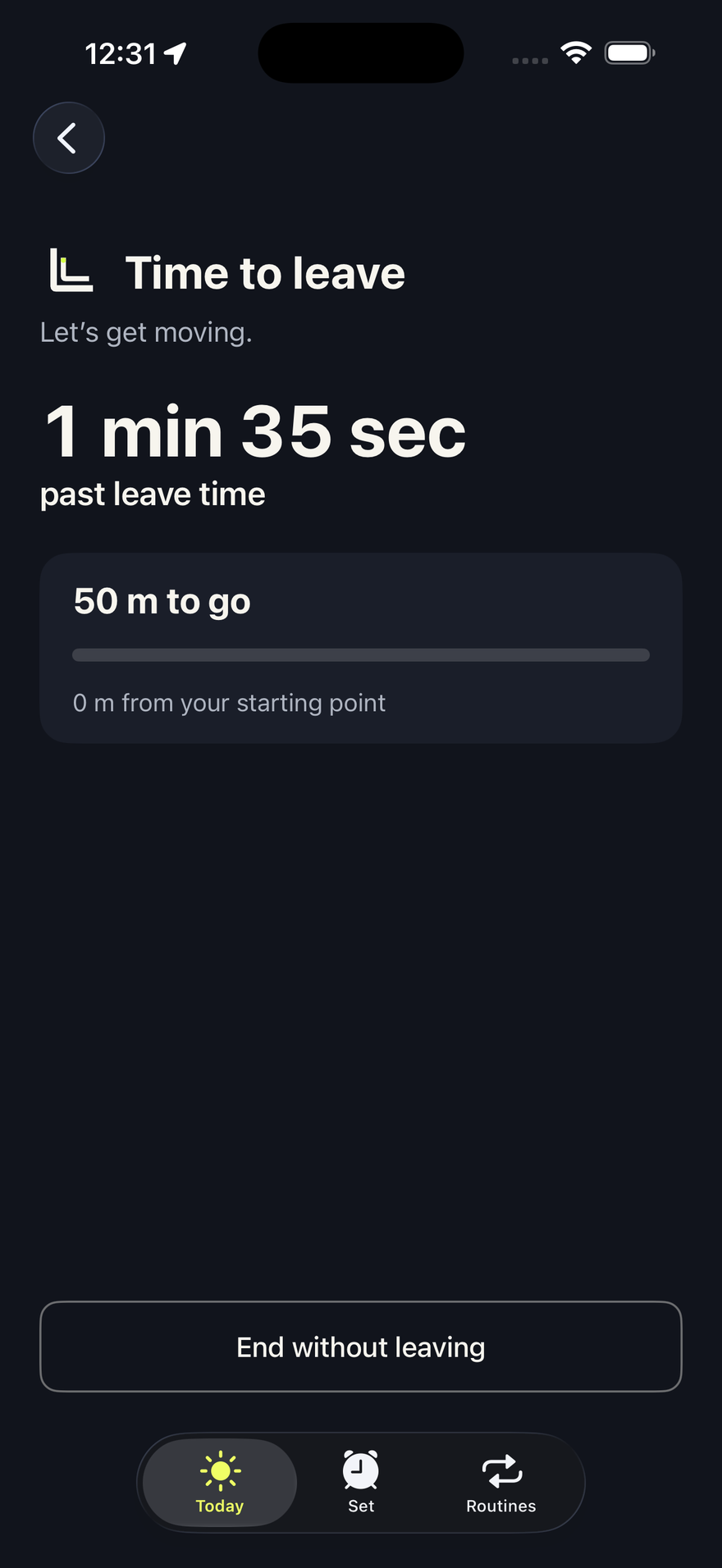 Momentum Mode checking departure, with elapsed time and distance