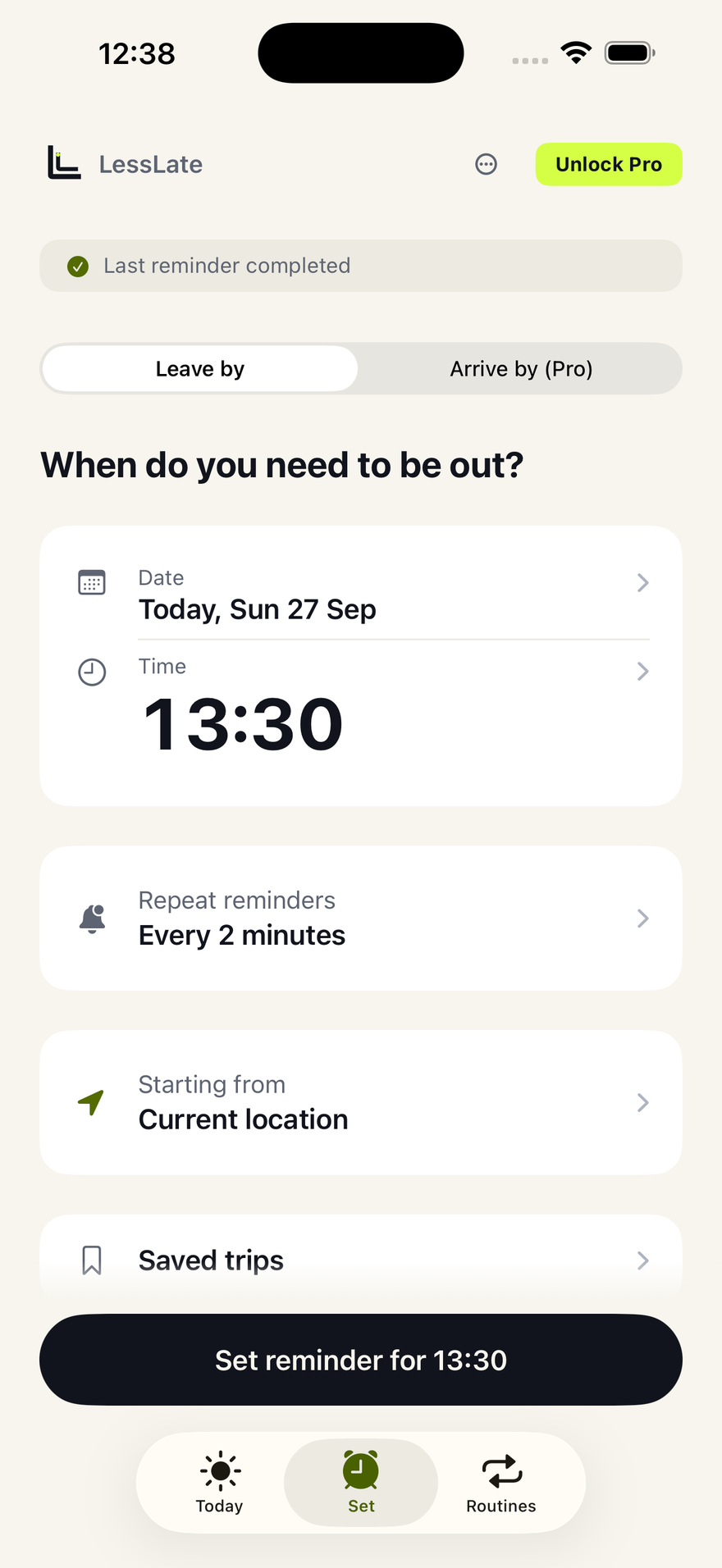 Set a Leave by time and repeat reminders in LessLate
