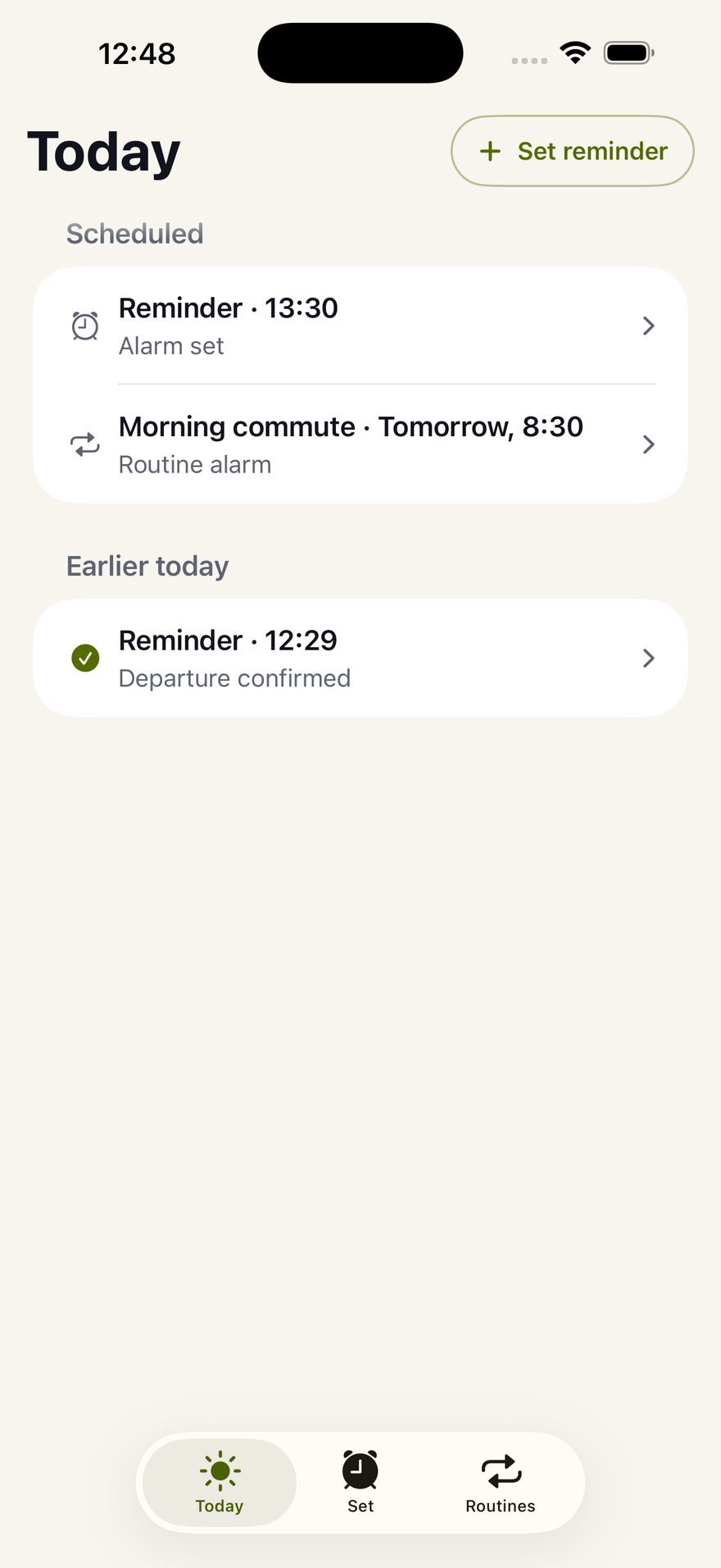 Today showing scheduled reminders and an earlier confirmed departure