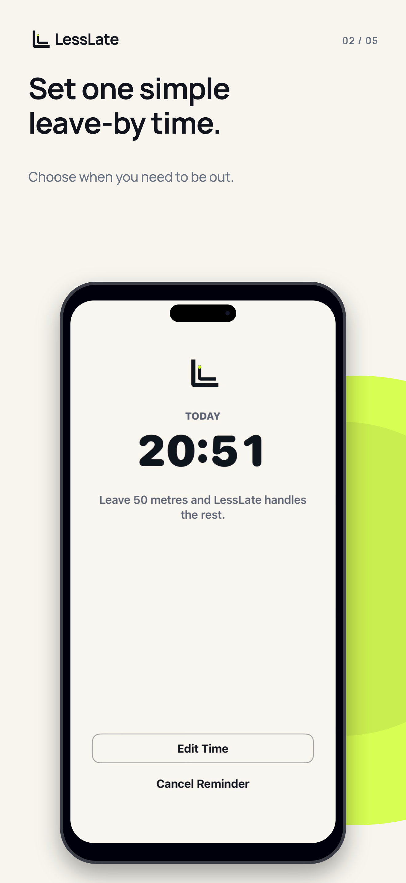 LessLate screen showing how to set a leave-by time